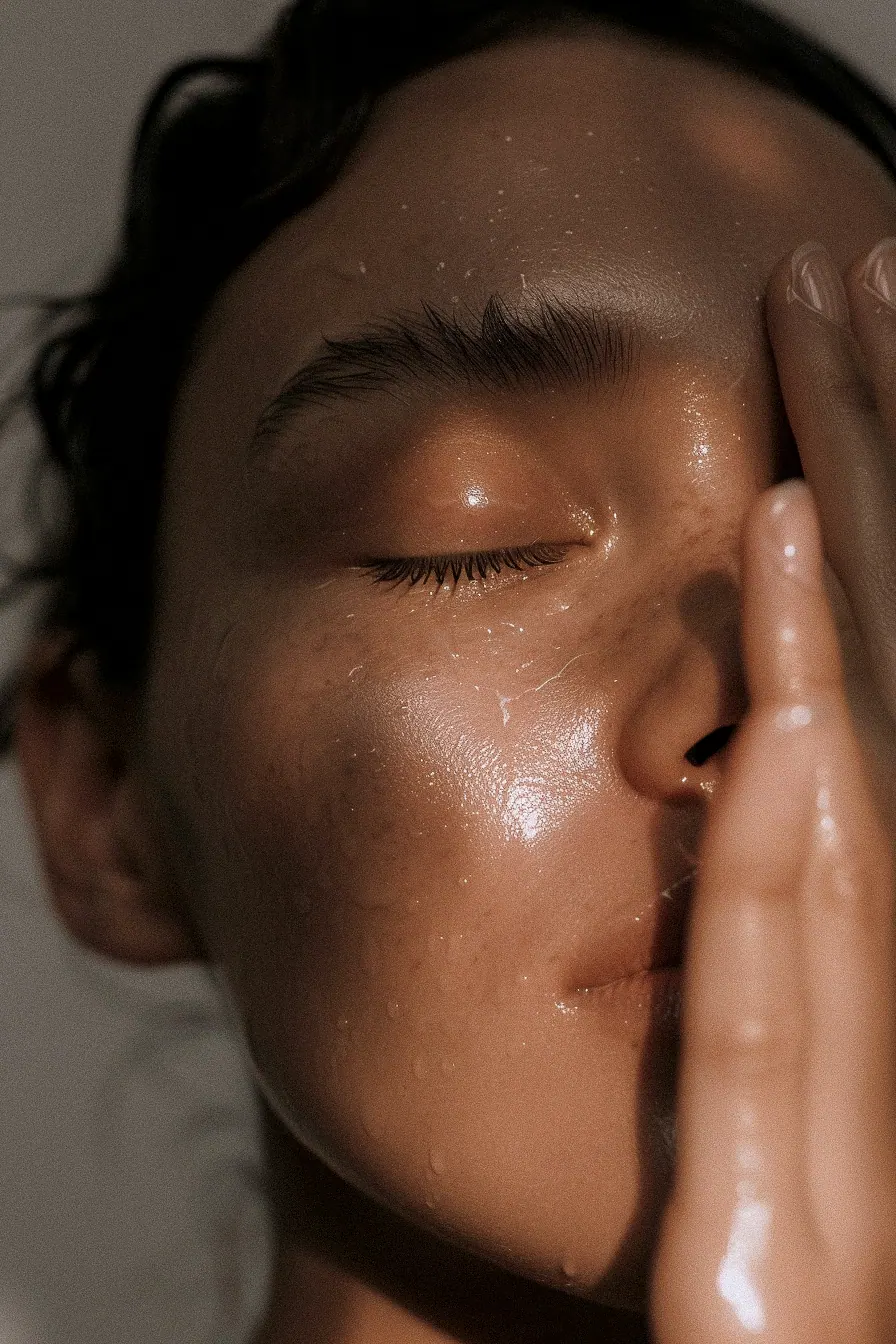 A hand resting against freshly cleansed, water-bright skin